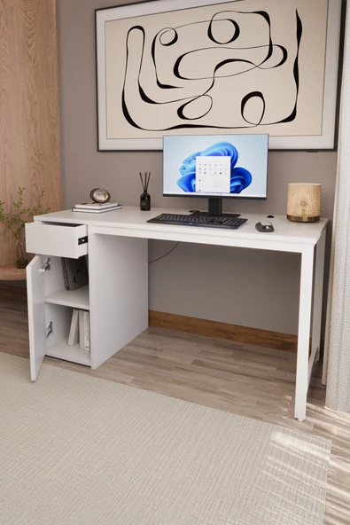 Flinder Beyaz 140X60 CM Çalışma Masası, Bilgisayar Masası, Ofis Masası Çekmeceli, Dolaplı, Raflı FLN18010OSBD ürün görseli 1