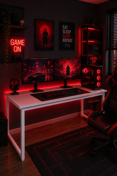 Flinder Beyaz Oyuncu Masası 60x140, Çalışma Masası, Bilgisayar Masası, Gamer Masa, Metal Ayaklı FL-OM-BB-140 ürün görseli 1