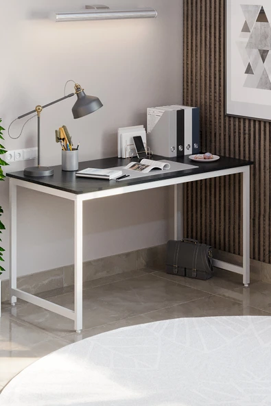 Flinder Siyah/Beyaz 60 X 140 Cm, Ofis Masası, Çalışma Masası, Bilgisayar Masası, Yemek Masası, Metal Ayaklı FL-OFİS-SB-140 ürün görseli 1
