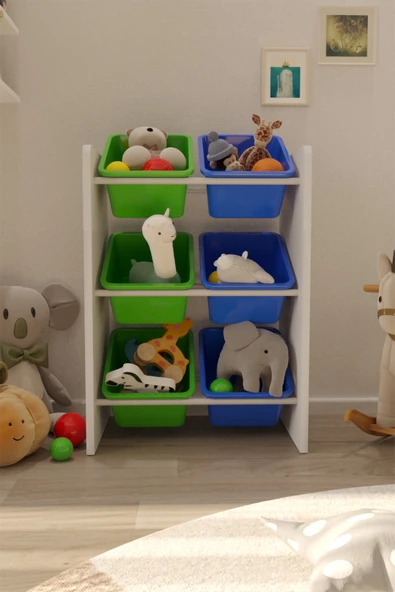 Flinder 6 Sepetli Yeşil ve Mavi Oyuncak Dolabı, Çok Amaçlı Dolap, Montessori Dolap FLN8006806SBD ürün görseli 1