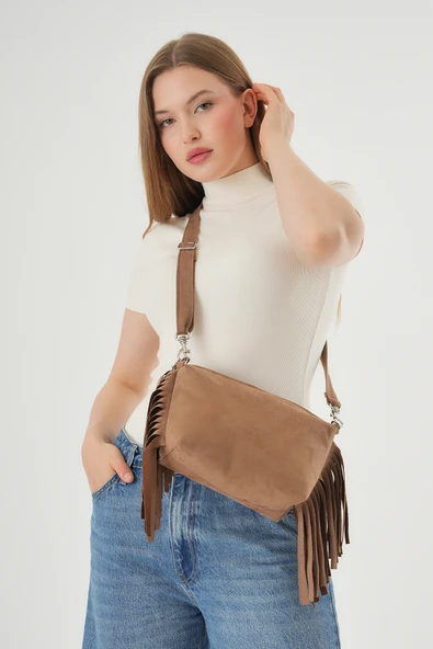 MUTE BAG Süet Püsküllü Kahverengi Mini Baget Kadın çantası (20x14) ürün görseli 1