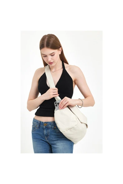 MUTE BAG Cream Postacı Cep Detaylı Kanvas Tote Çanta Çapraz Kullanım Okul Ve Günlük Çanta (BOY:33 EN:45) ürün görseli 1