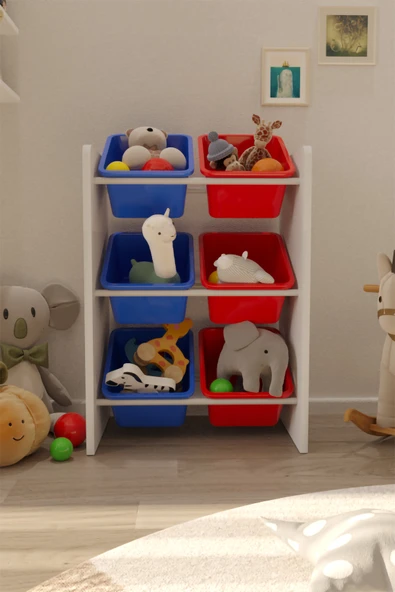 Flinder 6 Sepetli Mavi ve Kırmızılı Oyuncak Dolabı, Çok Amaçlı Dolap, Montessori Dolap FLN8004804SBD ürün görseli 1