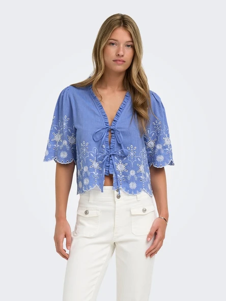 Only   ONLMIFFY S/S EMB TIE TOP NOOS WVN Kadın Mavi Bluz - 15364399 ürün görseli 1