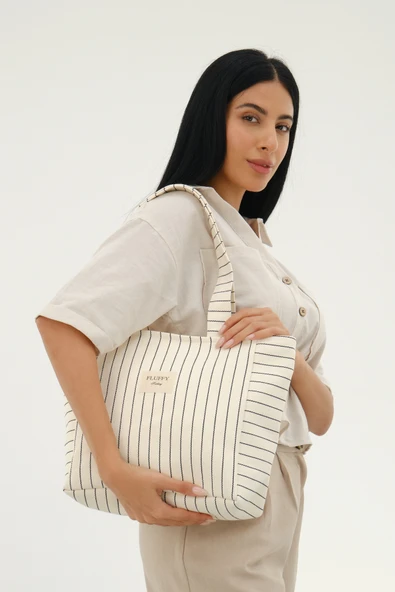 MUTE BAG Çizgili Kanvas Tote çanta / Kadın Omuz Çantası (40 * 28 ) (Sap 60 cm) ürün görseli 1