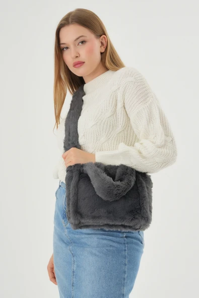 MUTE BAG Soft Fluffy Bag / Grey Uzun Saplı Peluş Çanta / Cross Body En : 24 Boy : 18 ürün görseli 1