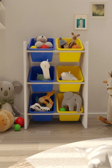 Flinder 6 Sepetli Mavi ve Sarı Oyuncak Dolabı, Çok Amaçlı Dolap, Montessori Dolap FLN8010810SBD ürün görseli 1
