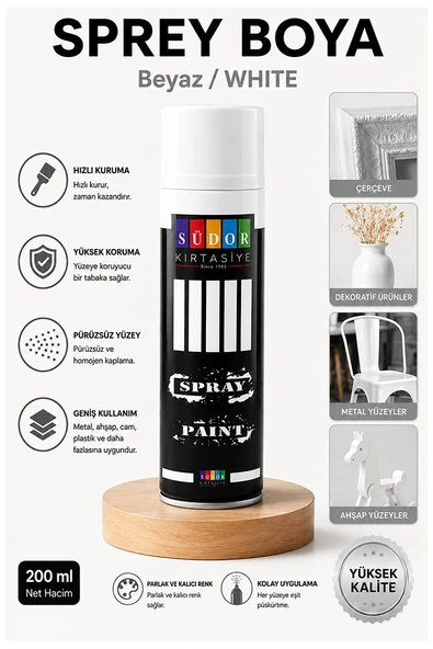 Beyaz Sprey Boya 200 ml 1 Adet Südor Hızlı Kuruyan Renkli Profesyonel Canlı Renk Ahşap Plastik Demir Metal Porselen Cam ürün görseli 1
