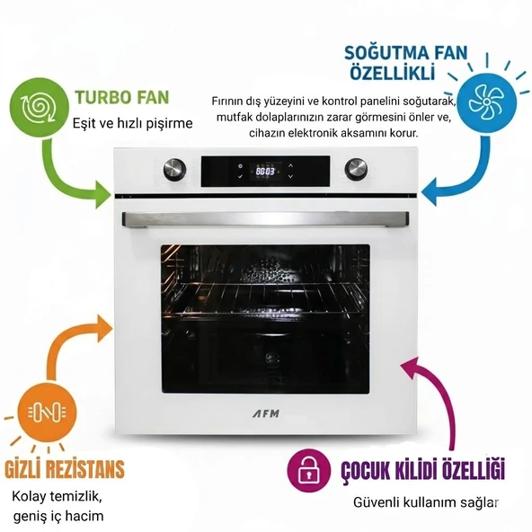 AFM Tech 8 Proğramlı Turbo ve Soğutma Fanlı Dijital Dokunmatik Cam Beyaz Ankastre Fırın- Yeni Seri ürün görseli 1