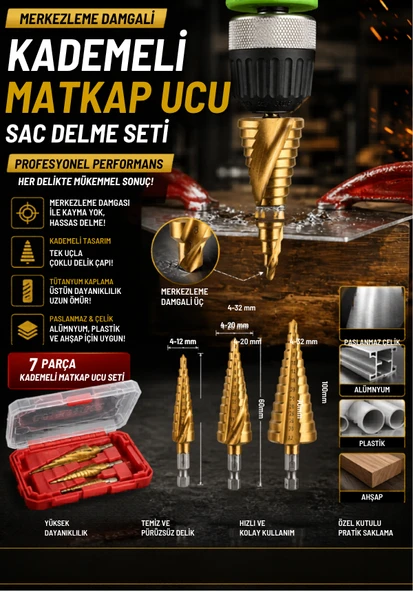 Mucit Home 7 Parça Merkezleme Damgalı Kademeli Matkap Ucu Sac Delme Seti Özel Kutulu ürün görseli 1