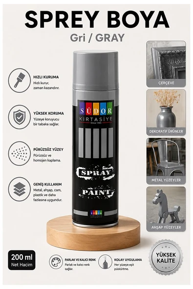Gri Sprey Boya 200 ml 1 Adet Südor Hızlı Kuruyan Renkli Profesyonel Canlı Renk Ahşap Plastik Demir Metal Porselen Cam ürün görseli 1