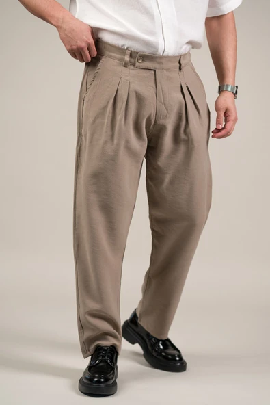 Çift Pileli Yazlık Modal Kumaş Beli Yarım Lastili Baggy Pantolon ürün görseli 1