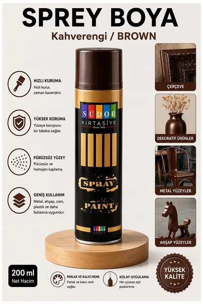 Kahverengi Sprey Boya 200 ml 1 Adet Südor Hızlı Kuruyan Renkli Profesyonel Canlı Renk Ahşap Plastik Demir Metal Porselen ürün görseli 1
