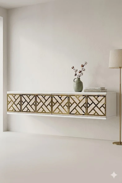 TDA1238BTG AREX Duvara Montaj Tv Sehpası Beyaz-Traverten-Gold 120cm ürün görseli 1