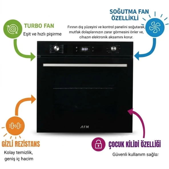 AFM Tech 8 Proğramlı Turbo ve Soğutma Fanlı Dijital Dokunmatik Cam Siyah Ankastre Fırın- Yeni Seri ürün görseli 1
