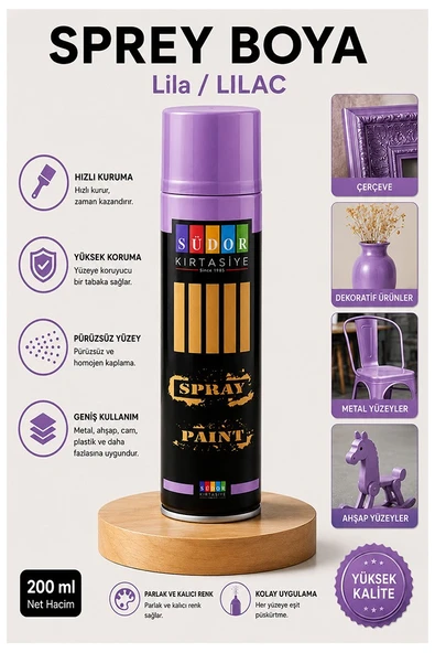 Lila Sprey Boya 200 ml 1 Adet Südor Hızlı Kuruyan Renkli Profesyonel Canlı Renk Ahşap Plastik Demir Metal Porselen Cam ürün görseli 1