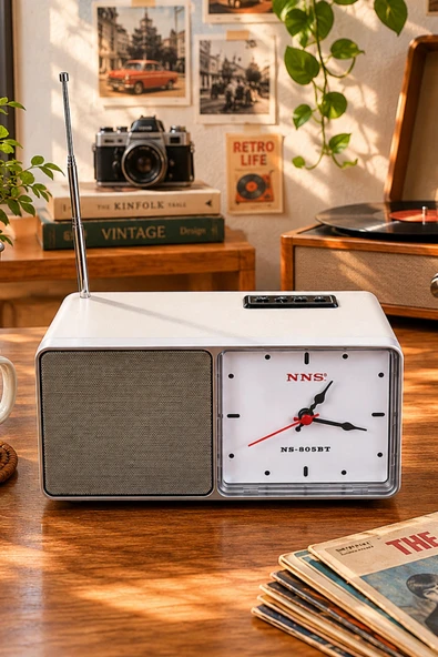 NNS NS-805BT Gri Nostaljik Retro Radyo - Bluetooth Hoparlörlü, Saatli ve Şarjlı Masa Radyosu ürün görseli 1