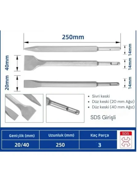 Mucit Home 3 Parça Beton Tuğla Duvar Kırma Delme Hilti Uç 25 CM Keski Murç Seti ürün görseli 1
