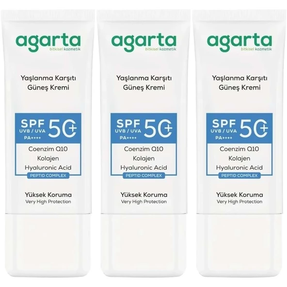 Agarta Yaşlanma Karşıtı Collagen Destekli Spf+50 Faktör Yüz Güneş Kremi 50 ML (3 Lü Set) ürün görseli 1