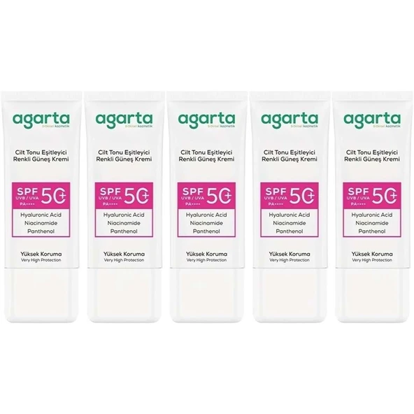 Agarta Cilt Tonu Eşitleyici Renkli Kapatıcı Etkili Spf+50 Faktör Güneş Kremi 50 ML (5 Li Set) ürün görseli 1