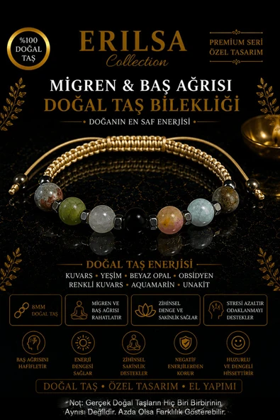 Sertifikalı Migren Baş Ağrısı Doğal Taş Bilekliği - Ayarlanabilir Unisex Premium Tasarım 8MM ürün görseli 1