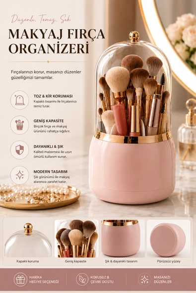 Rose 7 Bölmeli Toz Geçirmez Kapaklı Makyaj Organizer Kozmetik Düzenleyici Fırçalık Kutusu ürün görseli 1