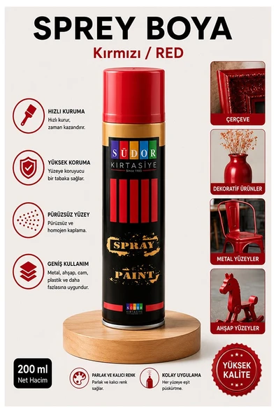 Kırmızı Sprey Boya 200 ml 1 Adet Südor Hızlı Kuruyan Renkli Profesyonel Canlı Renk Ahşap Plastik Demir Metal Porselen ürün görseli 1