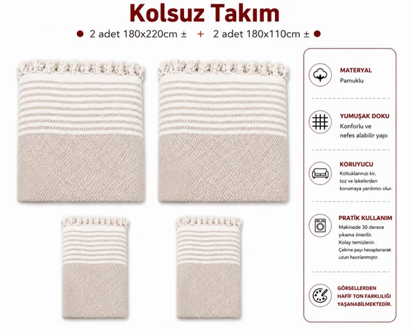 Pamuklu Kaymaz Hasır Dokuma Kolsuz Takım Koltuk Örtüsü (3+3+1+1) ürün görseli 1