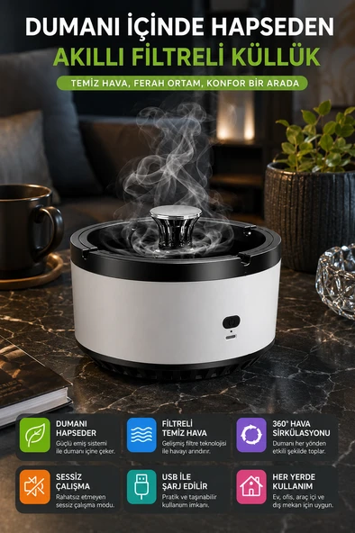 Akıllı Filtreli Küllük USB Şarjlı Duman Emici Masaüstü Koku Azaltıcı Küllük Beyaz Model ürün görseli 1