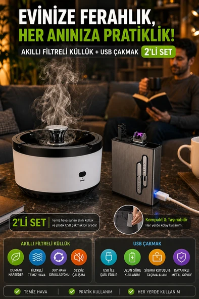 2’li Set Akıllı Filtreli Küllük & USB Çakmaklı Sigara Tabakası Şarjlı Metal Tasarım Siyah ürün görseli 1
