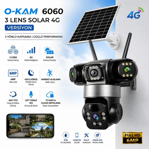 O-Kam 6060 4G 6 MP Solar Güneş Enerjili Gece Görüşlü IP Güvenlik Kamerası ürün görseli 1