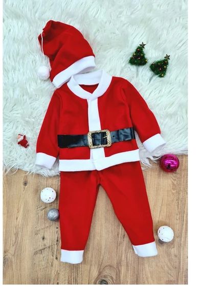 Erkek Çocuk Noel Baba Yılbaşı Kostümü Şapkalı Kemerli Bebek Kostümü ürün görseli 1