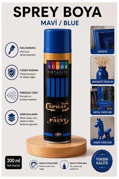 Mavi Sprey Boya 200 ml 1 Adet Südor Hızlı Kuruyan Renkli Profesyonel Canlı Renk Ahşap Plastik Demir Metal Porselen Cam ürün görseli 1