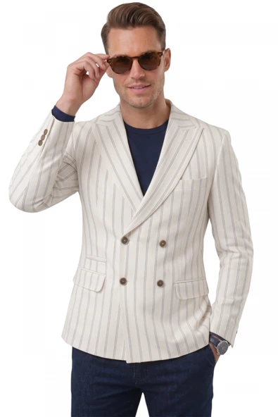 DeepSEA Erkek Çizgili Kruvaze Blazer Ceket – Slim Fit Modern Kesim Şık Yazlık Ceket 2600814 ürün görseli 1