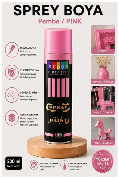 Pembe Sprey Boya 200 ml 1 Adet Südor Hızlı Kuruyan Renkli Profesyonel Canlı Renk Ahşap Plastik Demir Metal Porselen Cam ürün görseli 1