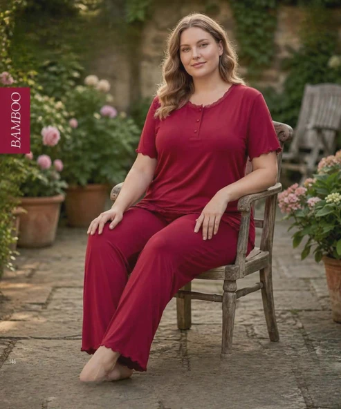 Derya Kadın Bambo Büyük Beden Düğme Yaka İnce Kısa Kol Pijama Takımı 7941 - 1 Adet  4XL Bordo ürün görseli 1