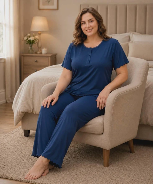 Derya Kadın Bambo Büyük Beden Düğme Yaka İnce Kısa Kol Pijama Takımı 7942 - 1 Adet  Lacivert 3XL ürün görseli 1