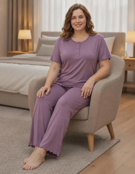 Derya Kadın Bambo Büyük Beden Düğme Yaka İnce Kısa Kol Pijama Takımı 7943 - 1 Adet  5XL Gül Kurusu ürün görseli 1