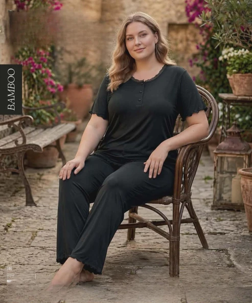 Derya Kadın Bambo Büyük Beden Düğme Yaka İnce Kısa Kol Pijama Takımı 7940 - 1 Adet  Siyah 3XL ürün görseli 1