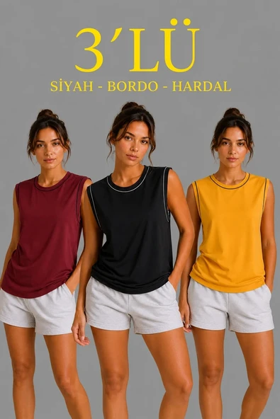 Kadın 3’lü Kolsuz Sporcu Atlet Seti Yazlık Bisiklet Yaka - Siyah, Bordo, Hardal ürün görseli 1