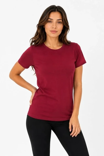 Kadın Basic Tişört Bisiklet Yaka Kısa Kol Günlük Yazlık Slim fit T-Shirt - Bordo ürün görseli 1