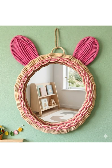 Niobehome El Örgüsü Çocuk Odası Aynası- Rattan Pembe Kulaklı Dekoratif Ayna ürün görseli 1