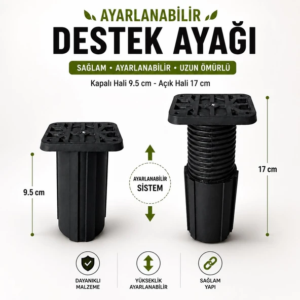Siyah Ayarlanabilir Kare Başlı Destek Ayağı 9.5x17 CM Sert Plastik Mobilya Dolap Masa Ayağı ürün görseli 1