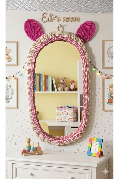 Niobehome Rattan Bambu Çocuk Odası Pembe Kulaklı Boy Aynası ürün görseli 1