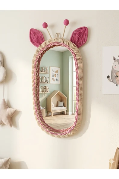 Niobehome Rattan Bambu El Örmesi Zürafa Model Pembe Boy Aynası ürün görseli 1