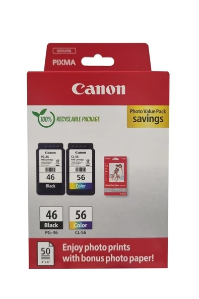 Canon PG-46 CL-56 Multipack 2'li Mürekkep Kartuş 50 adet 10x15 Fotoğraf Kağıdı Hediyeli ürün görseli 1