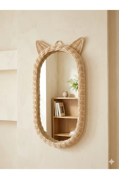 Niobehome 30x60 Rattan Bambu Çocuk Odası Kedi Kulaklı Boy Aynası ürün görseli 1