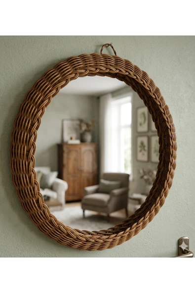 Niobehome Doğal Rattan Yuvarlak Duvar Aynası 50 cm- Bohem Dekoratif Ayna ürün görseli 1