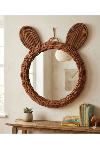 Niobehome El Örgüsü Çocuk Odası Aynası 25cm- Rattan Kahverengi, Kulaklı Dekoratif Ayna ürün görseli 1