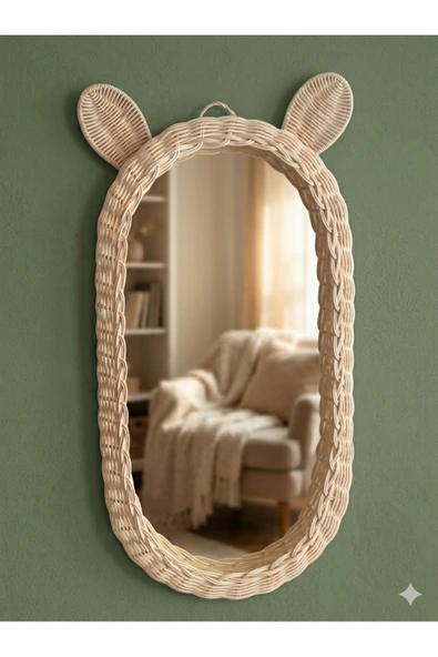 Niobehome 30x60 Rattan Bambu Çocuk Odası Kulaklı Boy Aynası ürün görseli 1